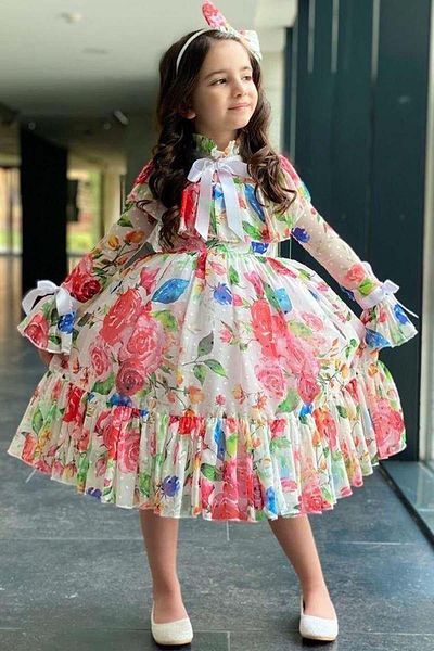 Riccotarz Girl's Sleeves Transparent and Ruffled Collar Floral Print Pleated White Dress