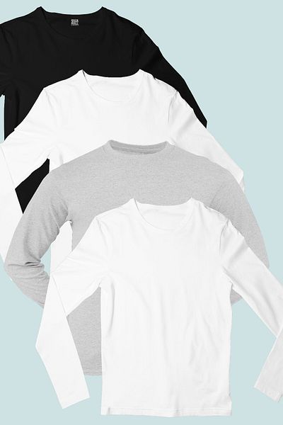 ROCKANDROLL Plain 2 White, Black, Gray Men's Long Sleeve Combed Cotton T-shirt Super Eco Pack of 4