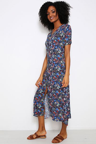 AVORWE V Neck Floral Print Short Sleeve Midi Dress with Button Front