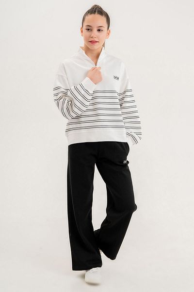 Black One طقم سويت شيرت بناتي مخطط بياقة واقفة ونصف سحاب وأرجل واسعة