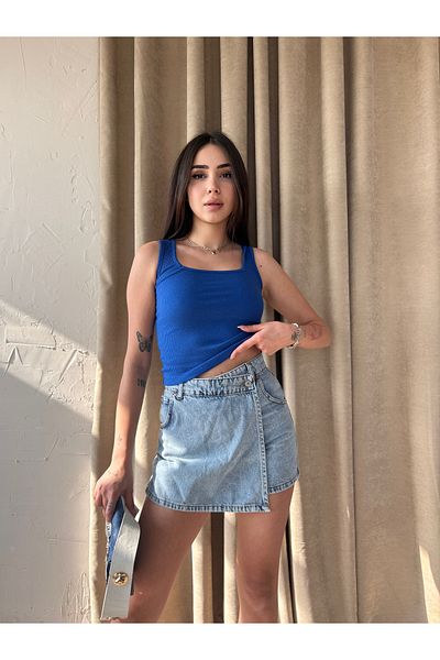 Fav Style Γυναικεία τετράγωνη λαιμόκοψη με χοντρό λουράκι με ραβδώσεις καμιζόλα με ραβδώσεις αθλητική μπλούζα Saks μπλε
