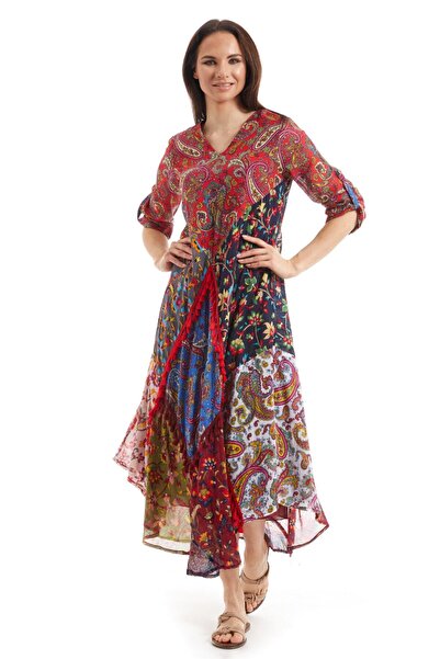 Newbutix Şile Bezi Kırmızı Uzun Kol Patchwork Elbise