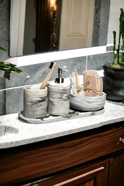 Trust Stone Marble Series - Σετ μπάνιου 6 τεμαχίων, τουαλέτα, WC, δοσομετρητής υγρού σαπουνιού, θήκη οδοντόβουρτσας και αξεσουάρ από σκυρόδεμα