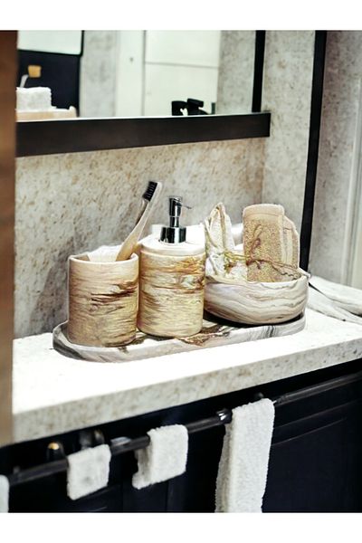 Trust Stone Σετ μπάνιου Marble Series 4 τεμαχίων, Διανομέας υγρού σαπουνιού Οδοντόβουρτσα Σετ αξεσουάρ από σκυρόδεμα