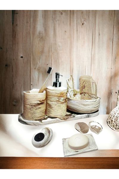 Trust Stone Σετ μπάνιου 6 τεμαχίων σειράς Beige Marble, Σετ αξεσουάρ από σκυρόδεμα με δοσομετρητή υγρού σαπουνιού
