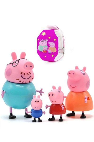 Kumik Peppa Pig Family 4-Piece Figure and Peppa Family LED Watch (Pack of 2)