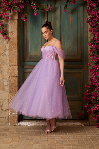 Lenta Moda Lila İnci Ve Işıldayan Taşlı Midi Boy Drapeli Transparan Abiye ve Gece Elbisesi