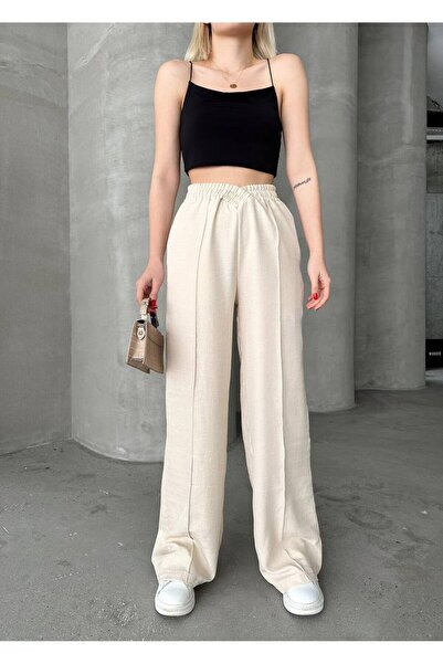 ubmbutik Kadın Pantolon - Çapraz Bel - Çimalı Keten Palazzo Pantolon