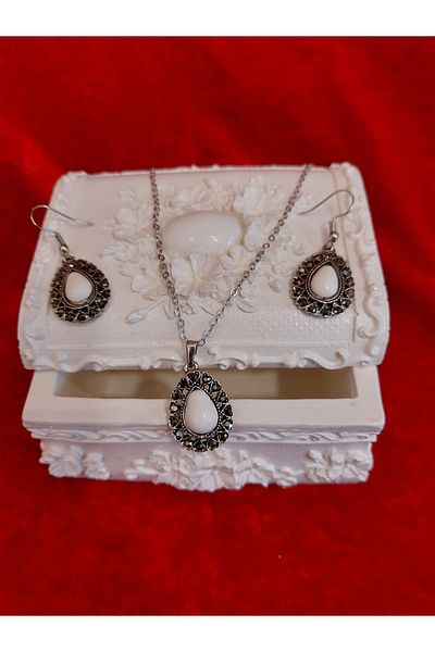 Burhan Yücel Lületaşı Tulipstone marcasite small drop necklace earrings set
