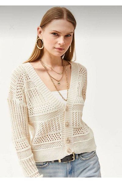 Kültür Boutique Tricotaj din bumbac ajurat Cardigan pentru femei - Sezonier cu nasturi