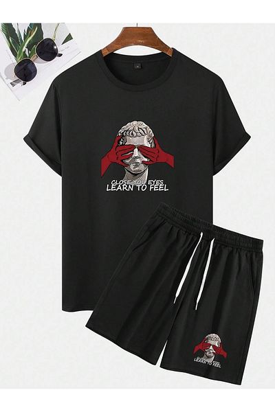 DAXİS Sportwear Company Men's Printed Men's Bottom Top Black Set - Shorts T-shirt Set