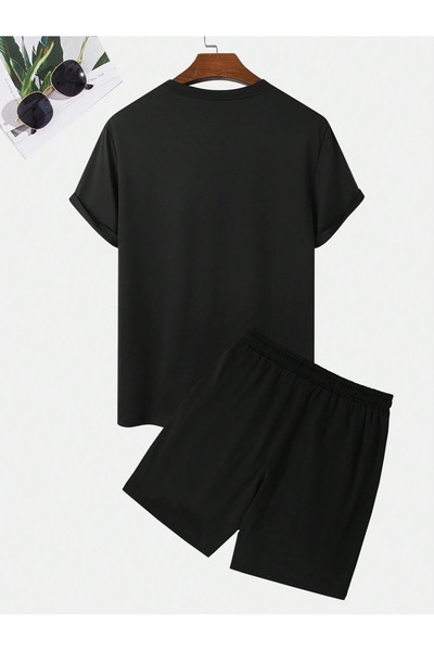 DAXİS Sportwear Company Férfi nyomtatott férfi alsó felső fekete szett - rövidnadrág póló szett