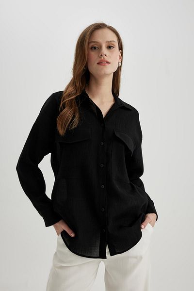 DeFacto Oversize Wide Fit Pocket Detail Crinkle Fabric Long Sleeve Shirt C3165Ax24Sp