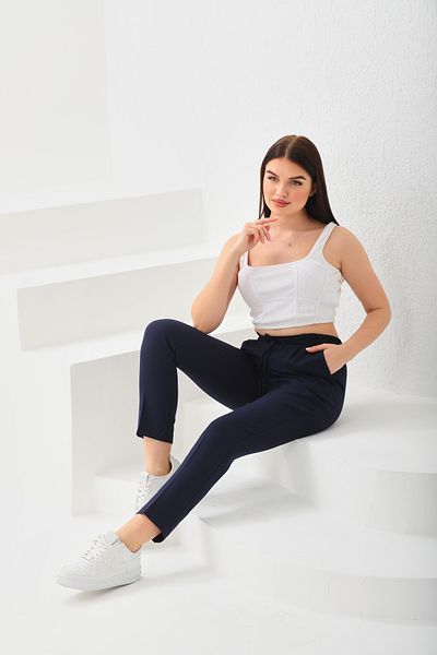 H&A İSTANBUL Women's Navy Blue Elastic Waist Pocket Carrot Trousers