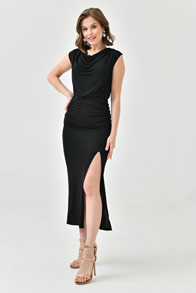 vuvutasarım Full Lycra Buzzy Fabric Rozparek Detailní Degaje límec Bez rukávů Maxi Délka Letní černé šaty 1051