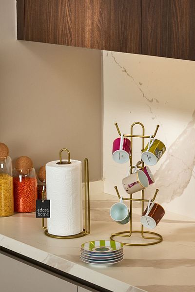 Edora Home Gold 2-Piece Kitchen Organizer Set, Paper Towel Holder with Bracket and 6-Compartment Cup Holder - Metal Stainless