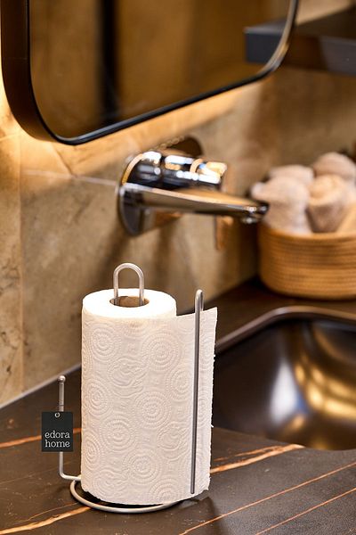 Edora Home Silver 2-Piece Kitchen Organizer Set, Paper Towel Holder with Bookmark and 6-Compartment Cup Holder - Metal Stainless