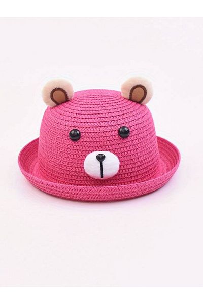pouniq Pink Children's Straw Hat with Teddy Bear Figure for 1-6 Years