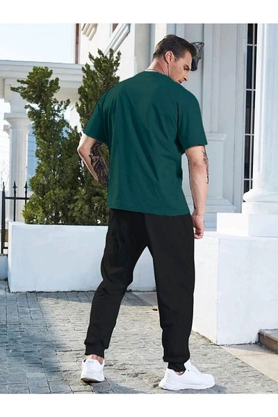 Josette Vertical T-Shirt Sweatpants Jogger- Πράσινη Μαύρη στάμπα στο κάτω μέρος Φούτερ κοστούμι Oversize Crew Neck