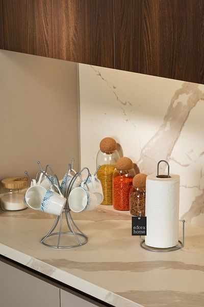 Edora Home Silver 2-Piece Kitchen Organizer Set, Paper Towel Holder and Vertical 6-Hook Cup Holder - Metal Stainless