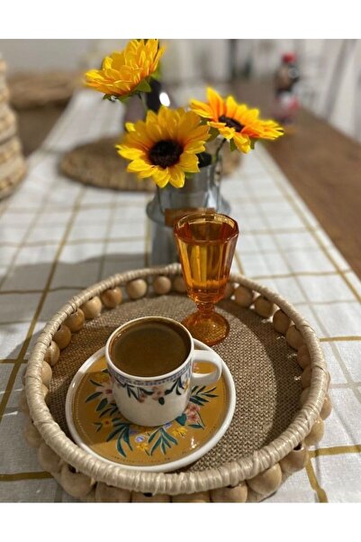 DekorHomes Ahşap Boncuklu Doğal Rafya Tepsi