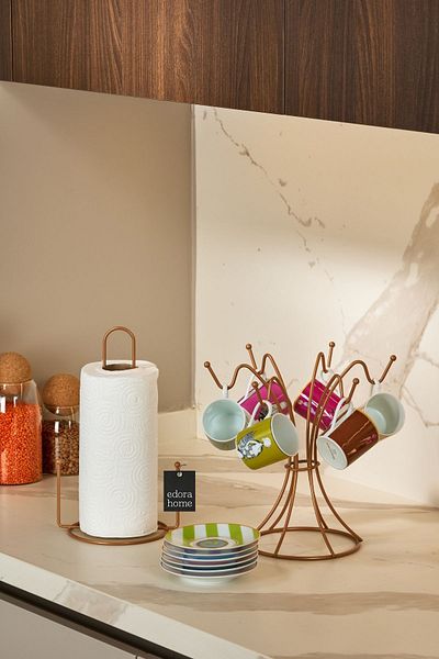 Edora Home Σετ οργάνωσης κουζίνας Rose 2 τεμαχίων, θήκη για χάρτινες πετσέτες και κάθετη ποτηροθήκη με 6 γάντζους - μεταλλικό ανοξείδωτο