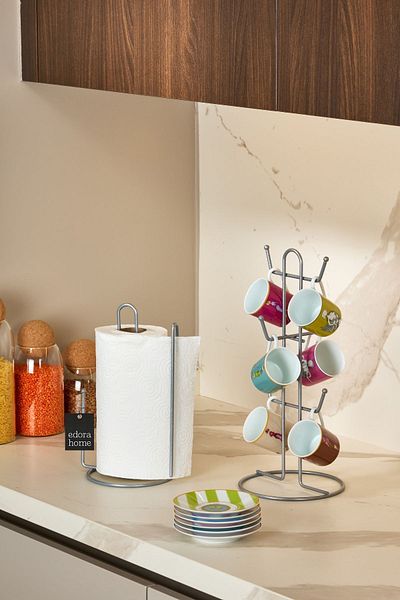 Edora Home Silver 2-Piece Kitchen Organizer Set, Paper Towel Holder with Bookmark and 6-Compartment Cup Holder - Metal Stainless