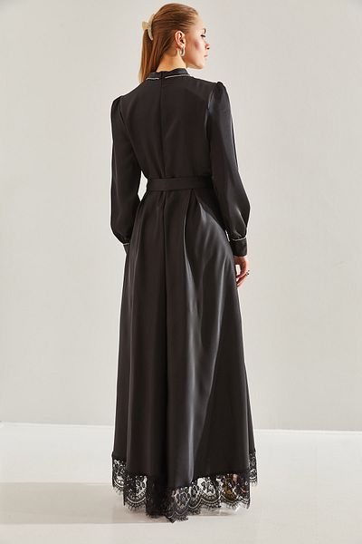 Bianco Lucci Modest Λεπτομερές πέτρινο φόρεμα χιτζάμπ από σατέν - σχέδιο φούστα και μανίκι με δαντέλα60191005