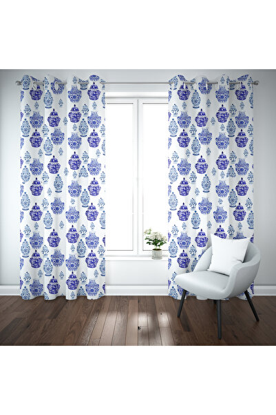 adenkahome Μπλε Μπλαν Μοτίβο, Εισαγόμενο Βελούδο, Κουζίνα, Σαλόνι, Κουρτίνα Φόντο Σαλονιού Μονό Φύλλο 140x270 εκ.