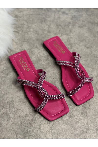 Allyup Daily Fuchsia Women's Slippers Cross Stoned Blunt Toe Low Heel Comfortable Sole Lightweight Summer 22