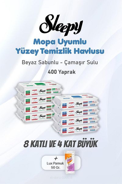 Sleepy Surface Cleaning Wipes 8 Layers 4 X Large 400 Sheets and Cotton