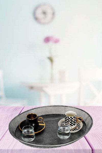VENON Oval Tray with Black Silver Patie - 39x31x4