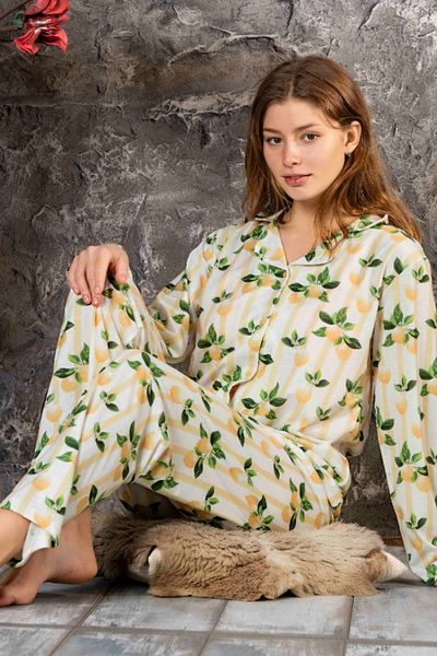 MEBA Women's Buttoned Front Yellow Lemon Pattern Seasonal Combed Cotton Pajamas Set /236