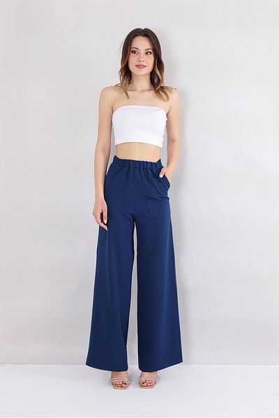 Fashion Showcase Wide Leg Pocket Detailed Trousers - Navy Blue