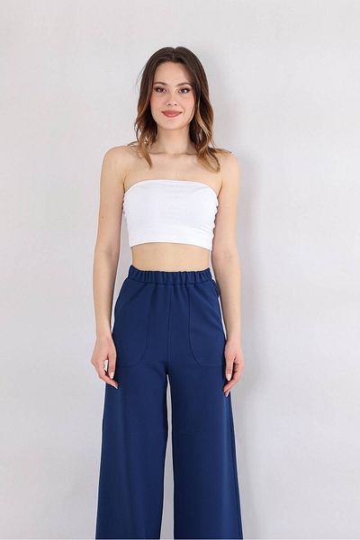 Fashion Showcase Wide Leg Pocket Detailed Trousers - Navy Blue