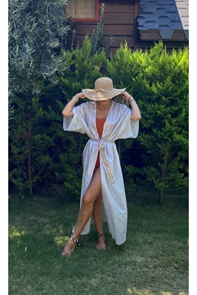 BEACHTALK Parlak Gri Baskılı, Super Yumuşak Vual Kumaştan Uzun Dökümlü Kimono.