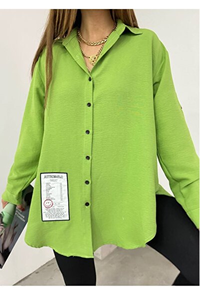 bayansepeti Green Aerobin Fabric Crest Detail Oversize Cut Shirt 12200