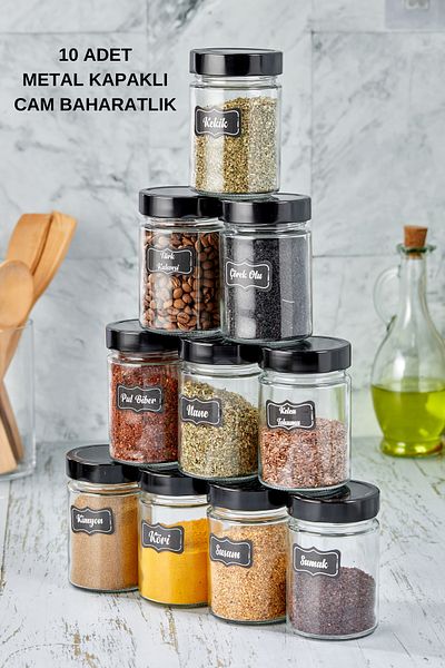vipgross Black Set - 10 Pieces Glass Spice Jar with Metal Lid 500 Cc - Glass Jar Set 10 Spice Jar Jar