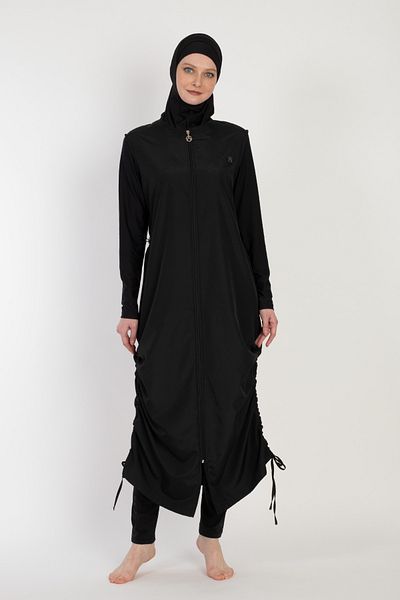 İYİBU Black Zipped Long Hijab Swimsuit Full Coverage Modeset Comfortable Water Repellent Fabric Hijab Swimsuit