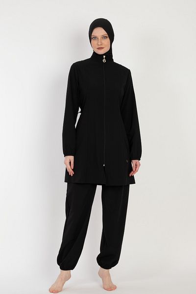 İYİBU Black Zipped Hijab Swimsuit Full Covered Modeset Comfortable Water Repellent Fabric Hijab Swimsuit