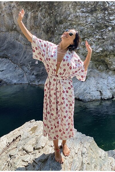 BEACHTALK Yaprak Baskılı Uzun Kuşaklı Viskon Kimono