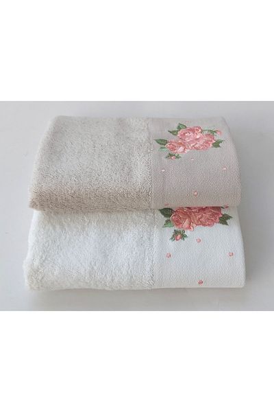 EMİLLİE Rose Bamboo Embroidered Set of 2 Towels - 50x90cm