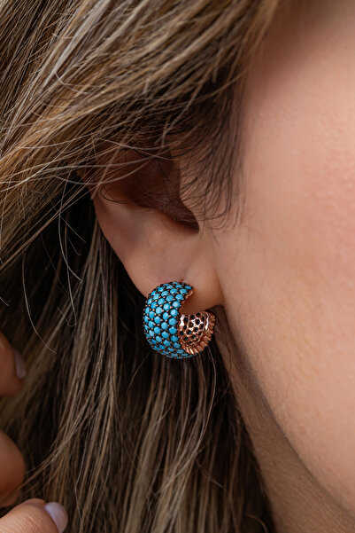 Nereze 925 Ayar Gümüş Rose 5 Sıra Turkuaz Taşlı Yarım Tur Küpe