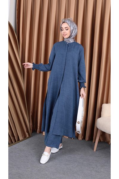 Tesettür Diyarı 2-Piece Linen Set with Hidden Button Long Tunic Blue