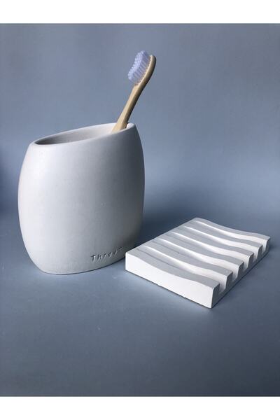 ThreeT Krem renk beton diş fırcalık sabunluk set