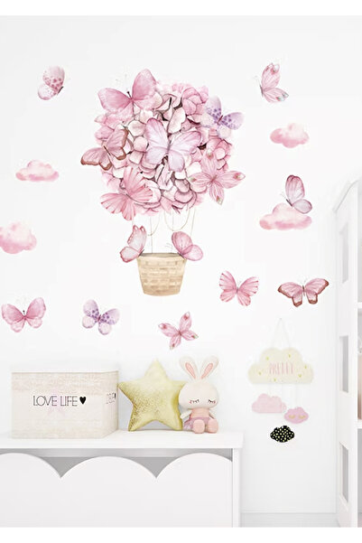 WALLHUMAN Pembe Kelebekli Sıcak Hava Balonu Çocuk Odası Duvar Stickerı