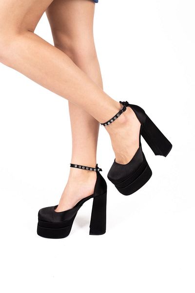 Karınca 5-9335 Pantofi de damă cu platformă de 15 cm, cu toc gros și înalt, gleznă, culoare satin negru