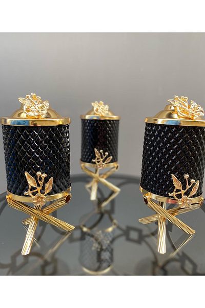 vanilya accessory Black Kitchen Set-Triple Glass Jar and 6 Porcelain Spice Dispensers