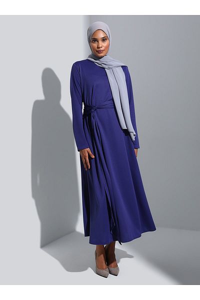 Refka A-line Hijab Dress with Belt Detail - Navy Blue - Refka