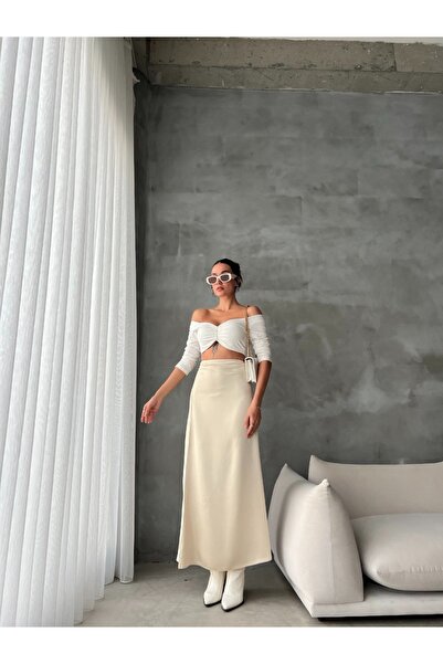 Monje Maxi Saten Taş Rengi Etek